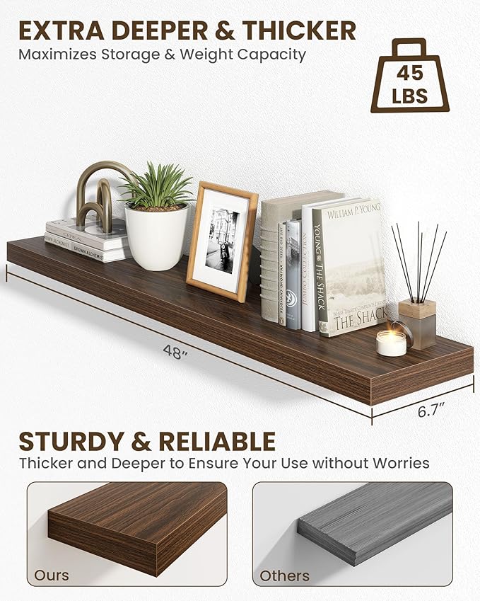 Marsmiles 48" Floating Shelves for Wall, Wooden Shelves with Invisible Brackets Set of 2, Rustic Farmhouse Wall Mounted Shelf for Kitchen Bathroom Living Room Study, Walnut