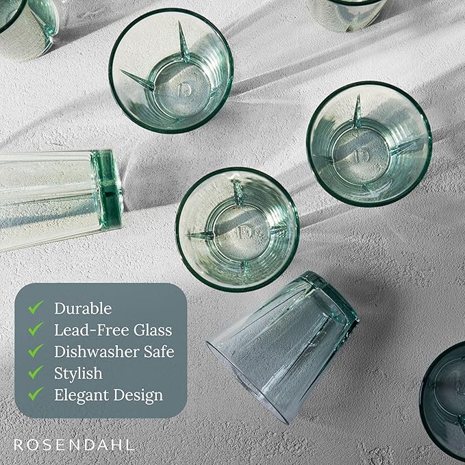 Rosendahl Grand Cru Recycled Glass Tumbler Set (Set of 6) - 4 x 8.8 Oz, 2 x 12.2 Oz - Lead-Free, Dishwasher Safe, Elegant Clear Glass Drinkware for Water, Juice, Coffee, Wine - Modern, Durable (Green)