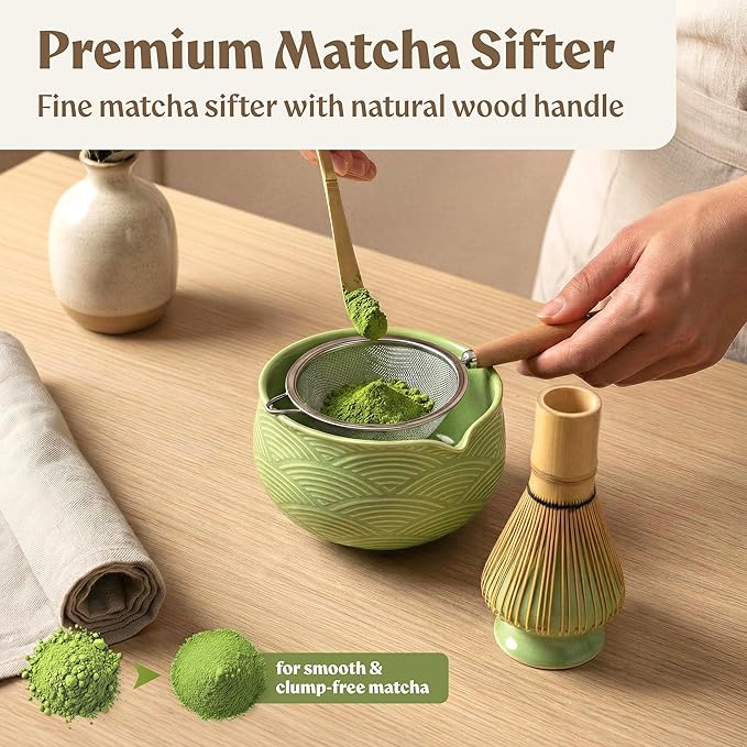 Matcha Kit Whisk Set (7 Pcs) - Complete Matcha Set, Matcha Bowl with Spout, Whisk with Holder, Bamboo Scoop with Rest and Sifter, Perfect Kit for Matcha Lovers (Green Mist)