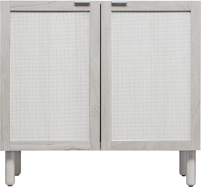 SANGO Orre 2-Door Cabinet, Modern Sand Storage Cabinet with Synthetic Rattan Door Panels, Adjustable Shelf, Cylindrical Wood Legs, Discreet Finger Pulls, Elegant Furniture for Living or Dining Room