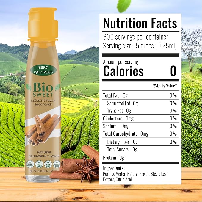 BioSweet Stevia Drops - Cinnamon Flavor | Zero Calorie Liquid Sweetener | Non GMO, Keto & Diabetic Friendly, Gluten Free, Vegan | Nothing Artificial | 3,000 drops (5.07 Fl Oz)