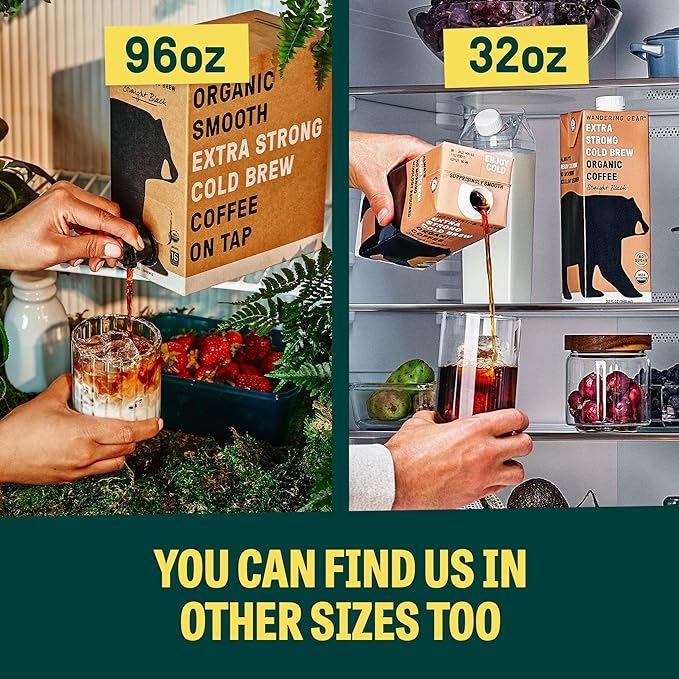 Wandering Bear Straight Black Organic Cold Brew Coffee On-the-Go - Extra Strong, Bold, Smooth, Unsweetened, Shelf-Stable, Ready to Drink, 100% Organic Iced Cold Brewed Coffee Drink -11 fl oz, 12 pack