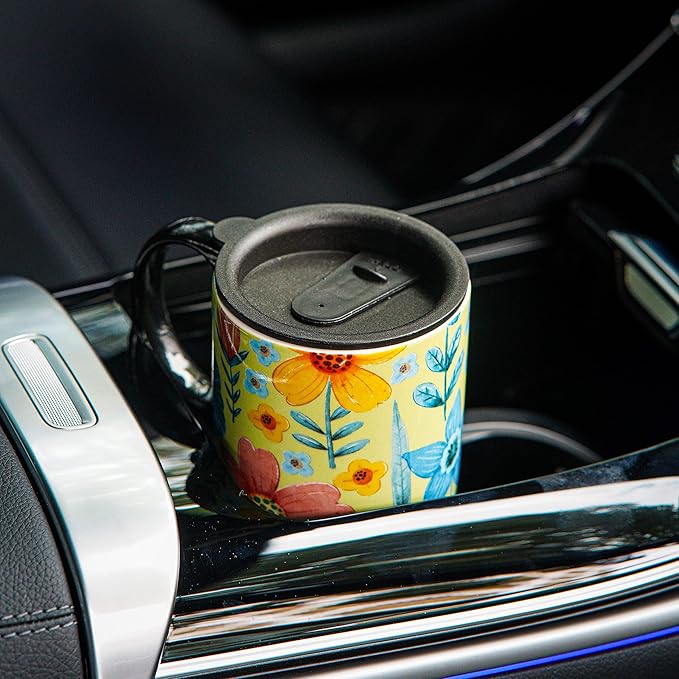 DUSVALLY Ceramic Coffee Mug Travel Cup Gift with Lid 17oz, Tea Cup with Handle for Latte, Cappuccino and Cocoa, Home and Office Porcelain Coffee Cups, Green Flower