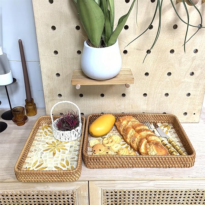i-lan Set of 2 Rectangle Serving Trays with Mother of Pearl, 13" & 11.5" Woven Rattan Platters for Dining Entertainment, Centerpiece Displays, and Home Decor Accents