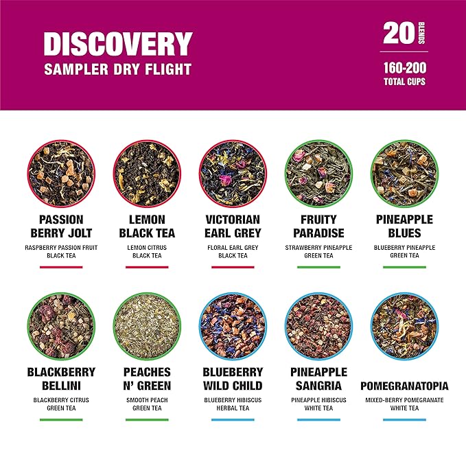 Tiesta Tea - Discovery Sampler Dry Flight Set - High to No Caffeine Loose Leaf Tea Variety Pack, Hot & Iced Brews Up to 200 Cups with Green, Herbal, Black & Chai Blends, 20 Resealable Sample Pouches