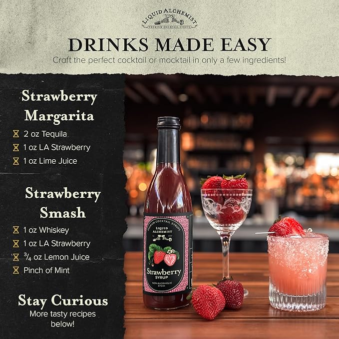 Liquid Alchemist Strawberry Syrup for Drinks - Real Ingredients Make our Strawberry Puree for Drinks a Perfect Margarita Mix - Our Flavored Syrup is Gluten & Dairy Free (25.4 oz)
