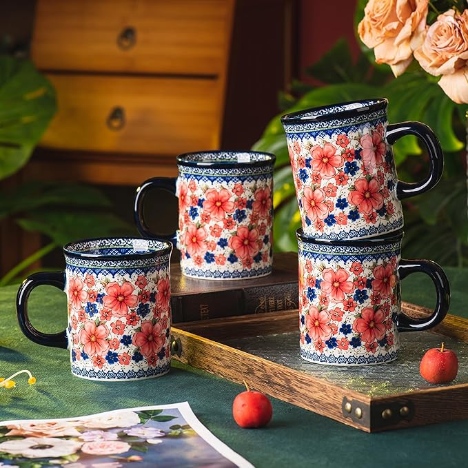 Ceramic Latte Mug Set of 4, 15.5oz Hand Painted Porcelain Coffee Cups With Handle for Tea/Milk/Cocoa - Modern Retro Design For Any Kitchen. Microwave and Dishwash Safe (Snow and Plum)