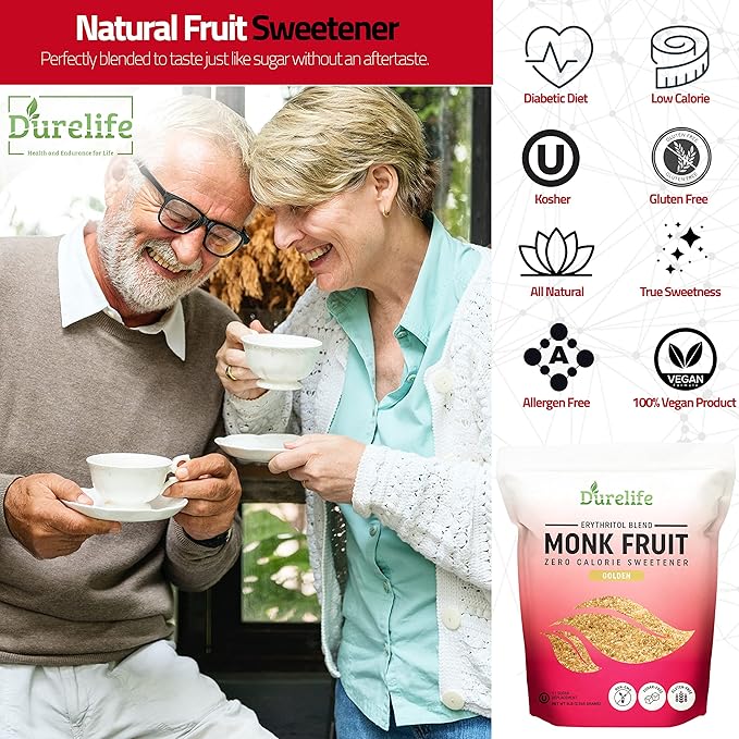 Durelife Golden Monk Fruit Sweetener, 1:1 Sugar Replacement, Keto Diet Friendly, Zero Calorie, Kosher Sugar Substitute, Golden - 1 lb (Packaging May Vary)