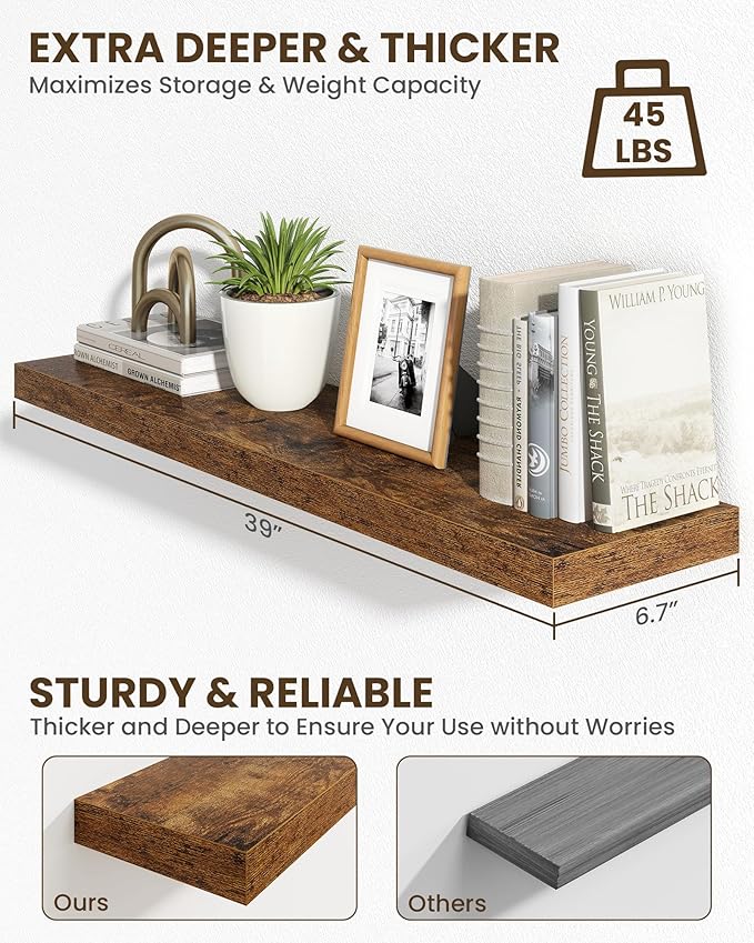Marsmiles 40" Floating Shelves for Wall, Wooden Shelves with Invisible Brackets Set of 2, Rustic Farmhouse Wall Mounted Shelf for Kitchen Bathroom Living Room Study, Rustic Brown