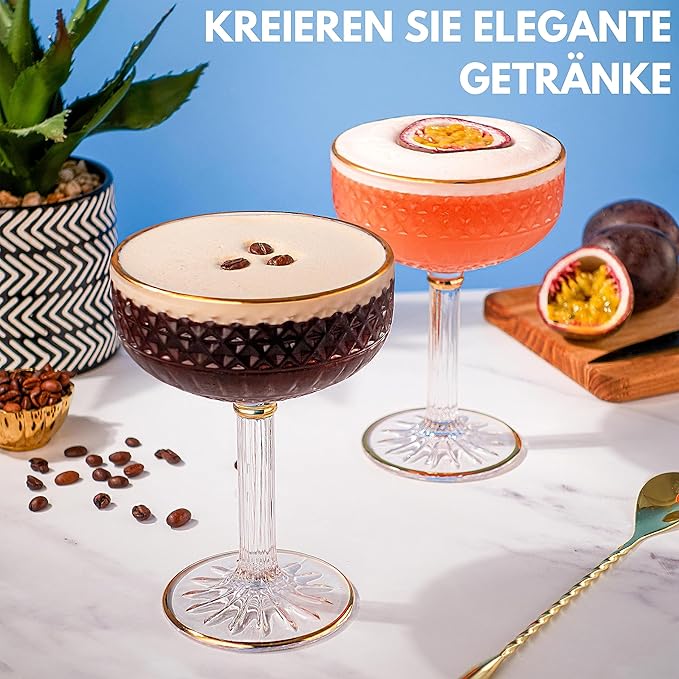 VEMACITY - Embossed Coupe Glasses Set of 4 (10oz) | Vintage Espresso Martini Glasses with Gold Rims | For Champagne, Margarita, Cosmopolitan, Martini | Ideal for Christmas & New Years