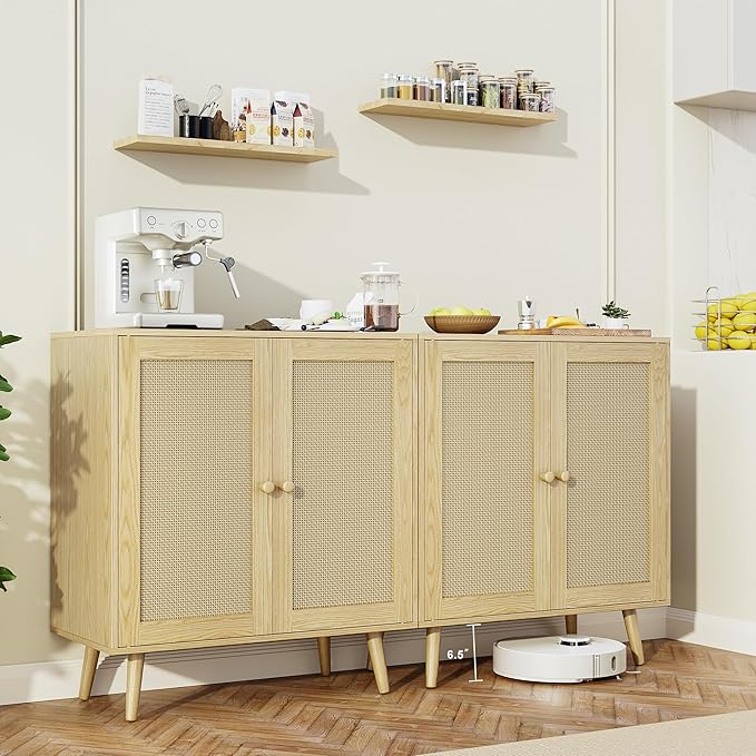 2 Door Rattan Storage Cabinet, Wood Kitchen Sideboard Buffet Console Table with Shelves for Living Room, Hallway, Kitchen, Oak