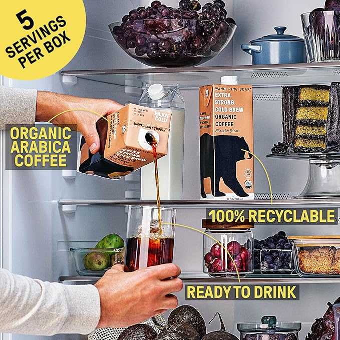 Wandering Bear Organic Caramel Cold Brew Coffee - Strong, Bold, Smooth, Unsweetened, Shelf-Stable, Ready to Drink, Gluten Free, & Vegan Iced Cold Brewed Coffee Drink - 32 fl oz, 6 pack