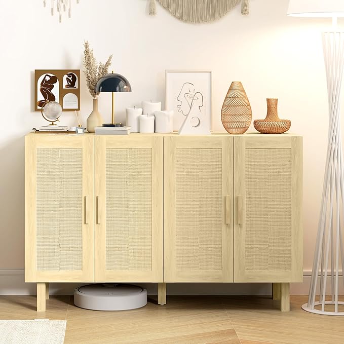 HOMCOM Boho Sideboard Buffet Cabinet, Coffee Bar Cabinet with 4 Rattan Doors and Adjustable Shelves for Kitchen, Living Room, Natural