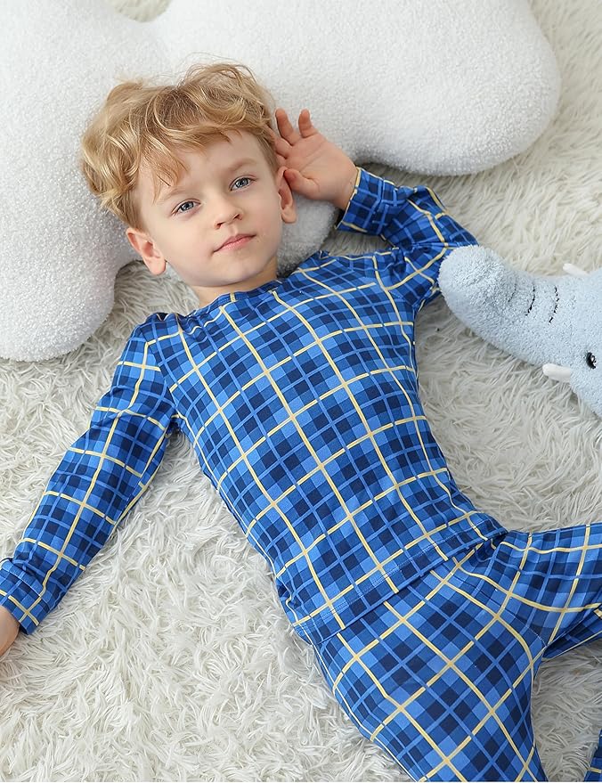 JunNeng Bamboo Viscose Pajamas for Toddler Boys, Baby Kids Diamond Pajamas Snug Fit Long Sleeve Sleeper