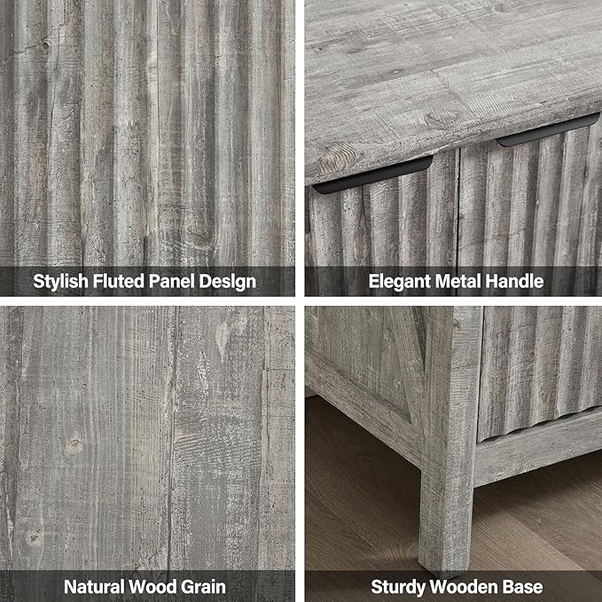 32-inch Fluted Sideboard Cabinet - Rustic Modern Farmhouse Storage Organizer with Adjustable Shelves, Coffee Bar, Entryway Furniture for Kitchen, Living Room (Grey)
