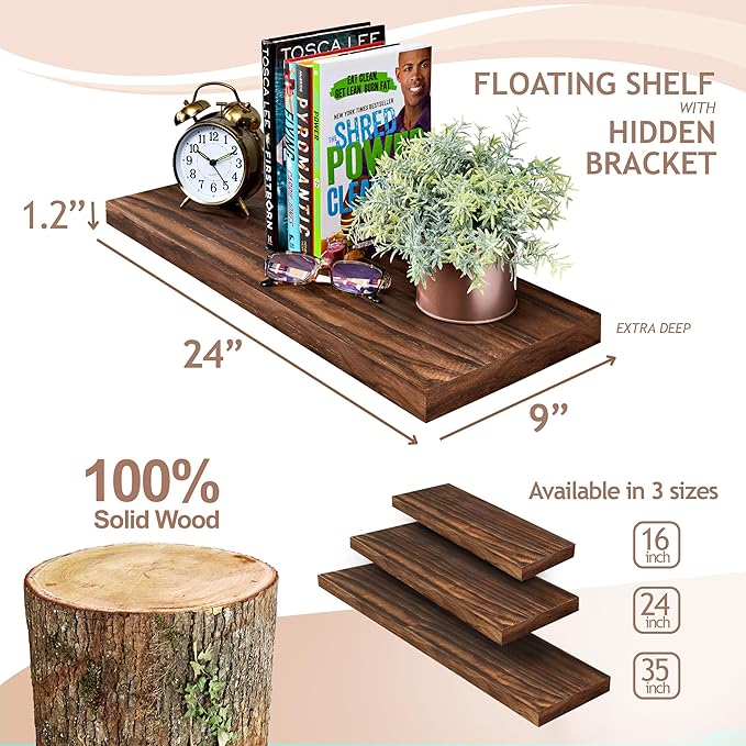 Sorbus 24' Walnut Wood Floating Shelves - Set of 2, Solid Pine, Wall Mounted, Rustic Style, Bathroom & Living Room