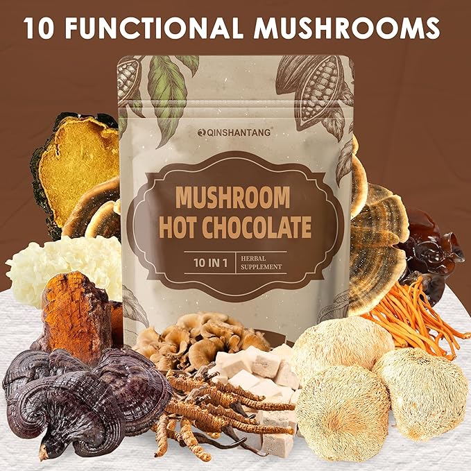 Mushroom Hot Chocolate, Cacao Powder, 8.5 Ounce | 10 IN 1 Mushroom Lion's Mane, Chaga, Reishi, Maitake and MCT Powder | Support Energy, Focus | Sugar Free, Vegan, Gluten-Free, 30 Servings