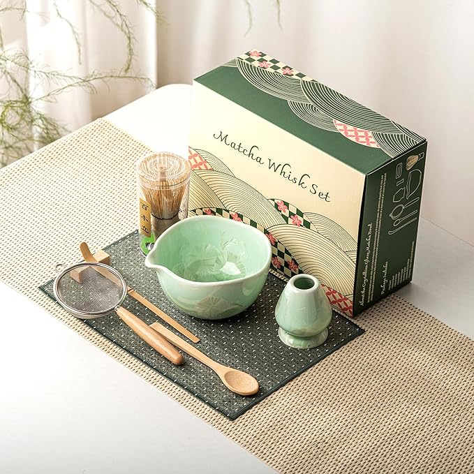 Matcha Whisk Set, Handcrafted Crystalline Glaze Matcha Set, 8 Pcs Matcha Kit Includes Matcha Bowl, Whisk with Holder, Bamboo Scoop & Spoon, Sifter and Tea Towel, Ceremonial Matcha Tea Set