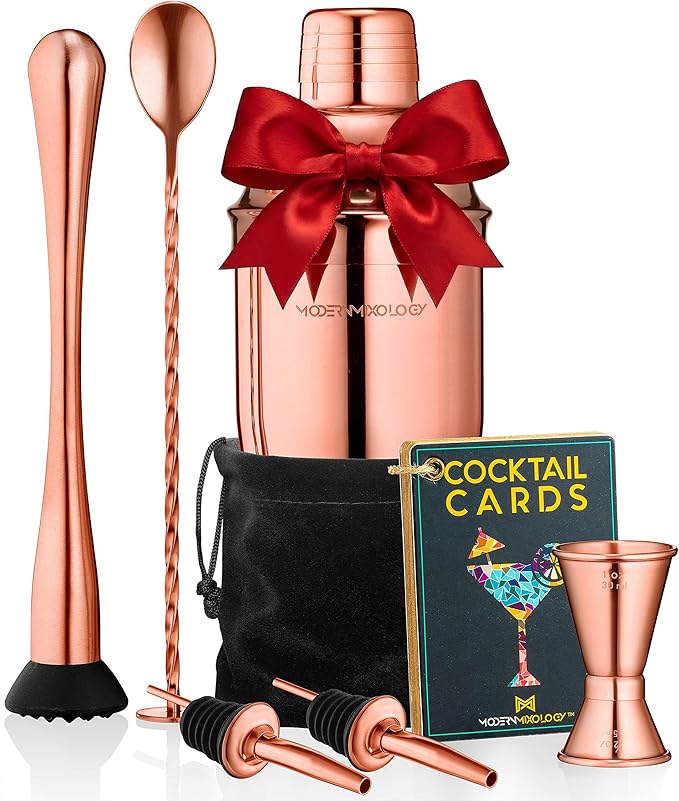 Modern Mixology 8-Piece Cocktail Shaker Set, 24oz Stainless Steel Bartender Kit with Velvet Giftable Bag, Curated Travel Cocktail Kit for Hosting Essentials (Copper)