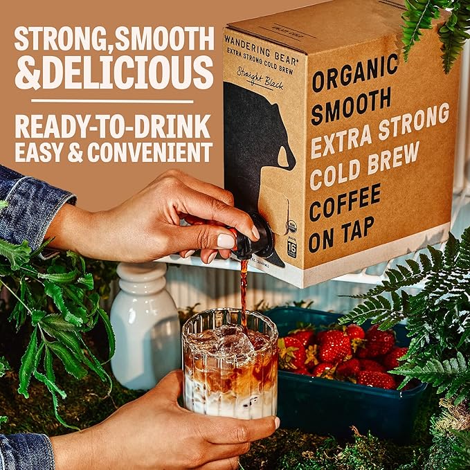 Wandering Bear Decaf Cold Brew Coffee On Tap, Iced Coffee Drink - Bold, Smooth, No Sugar Added, Shelf-Stable, Ready to Drink, Gluten Free & Vegan Decaf - 16 Servings of 6fl.oz - 96fl.oz