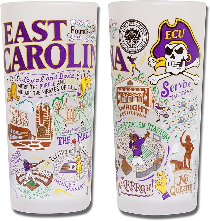 Catstudio Drinking Glass, East Carolina University Glass Cup for Kitchen, 15oz Dishwasher Safe Tumbler for ECU Alumni