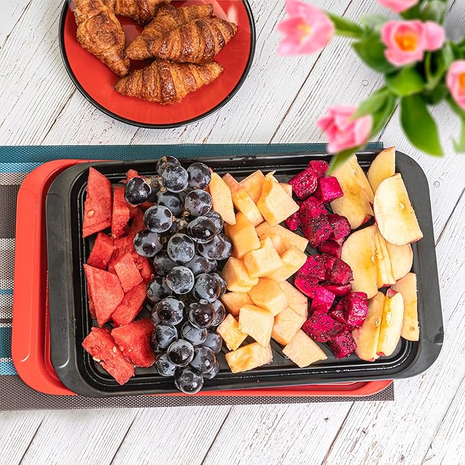 TP Grilling Prep and Serve Trays, 17" BBQ Tray for Meat Marinating and Food Plating, Melamine Serving Platters Set of 2 Grilling Accessories, Black and Red