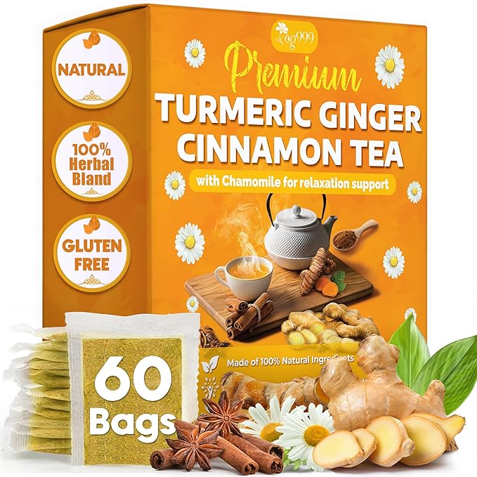 TOG999, Turmeric Ginger Cinnamon Tea Bags | 60 Count | Herbal Blend with Turmeric, Ginger, Cinnamon Stick & Chamomile Flowers for Relaxation | Naturally Flavorful, Caffeine-Free | Packed in Paper Box