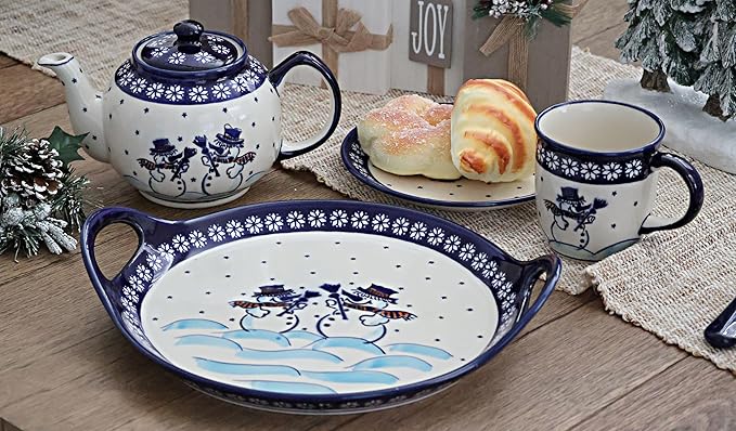 Blue Rose Polish Pottery - Blue Frosty Friend Medium Teapot - 4 Cup Capacity - Ceramic Christmas Teapot, Festive Holiday Design for Serving Tea & Cocoa