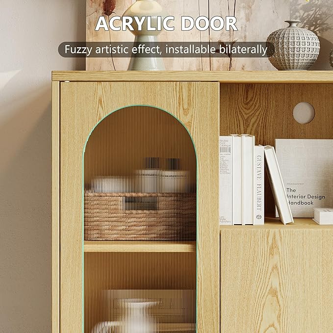 Sideboard Buffet Cabinet with Fluted Glass Doors and Adjustable Shelf, Wood Modern Accent Cabinet with Storage for Kitchen, Living Room, Entryway, Natural