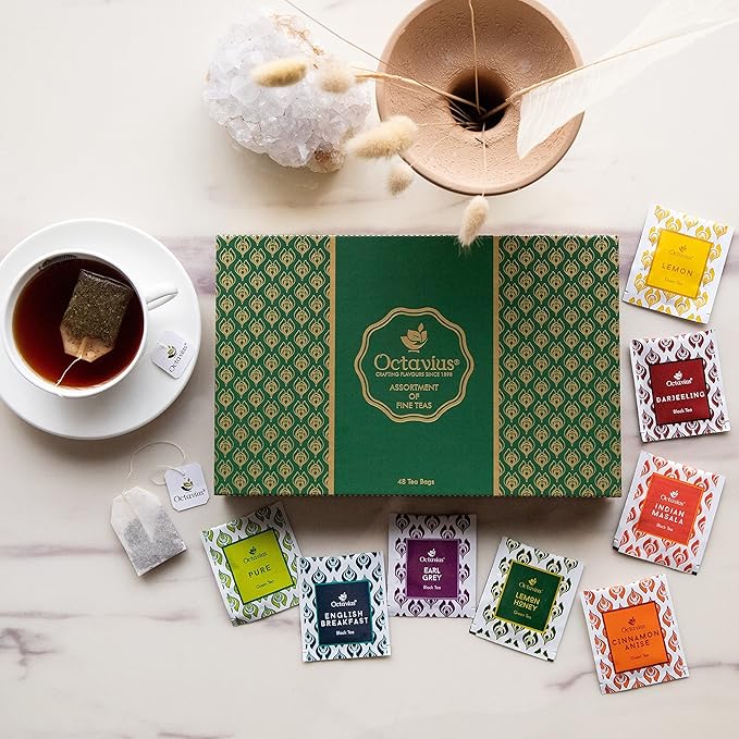 Octavius Tea Sampler Pack | 8 Assorted Black & Green Teas | 48 Teabags | Tea Sampler Variety Pack | Pack of 1