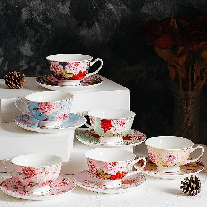 BTaT- Floral Tea Cups and Saucers with Gift Box, 8oz, Tea Cups Set of 6, Cup & Saucer Sets, Christmas Gifts