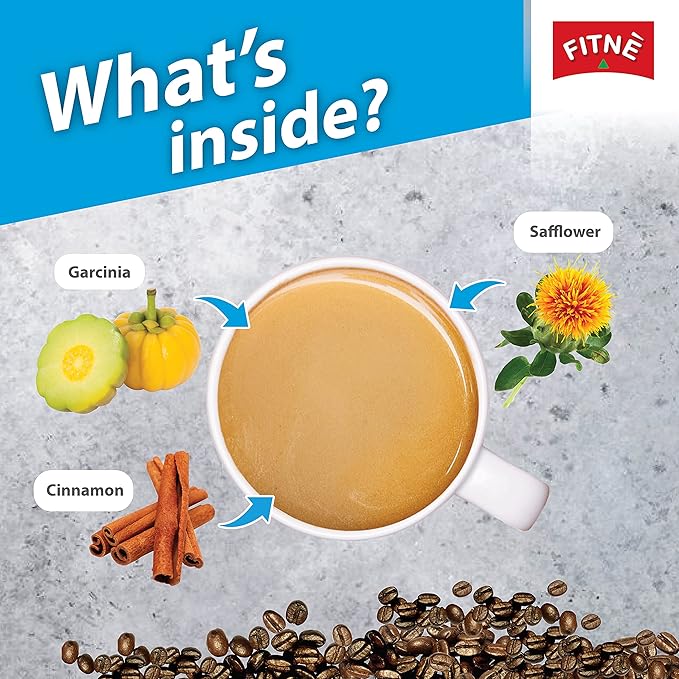 FITNE Instant 3 In 1 Coffee Packets Mix With Herbs Cinnamon Garcinia Safflower Spice Latte Smooth Blend No Sugar Sucralose Sweetener, 10 Sachets