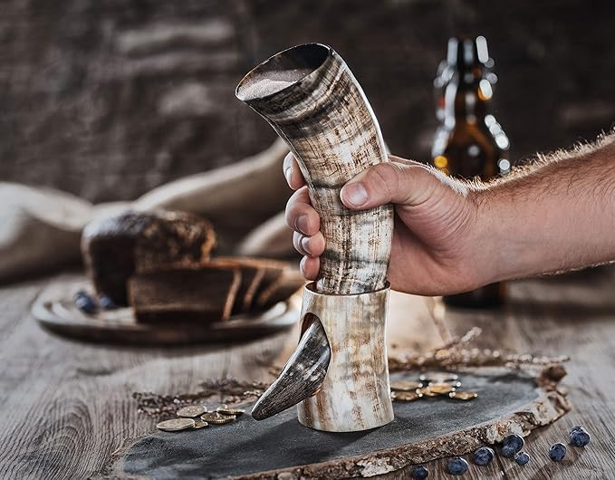 Norse Tradesman Genuine 12" Ox-Horn Viking Drinking Horn with Fitted Stand & Burlap Gift Sack - The Original, 12-Inches, Low Polish