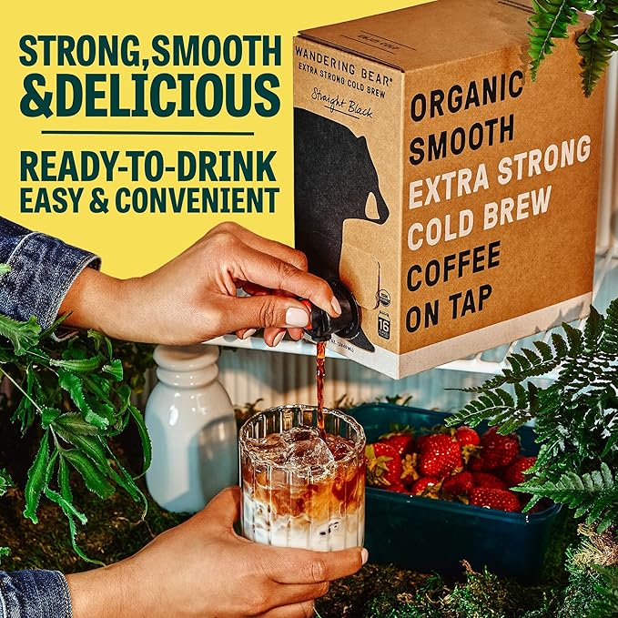 Wandering Bear Straight Black Organic Cold Brew Coffee On Tap, Iced Coffee Drink - Extra Strong, Smooth, No Sugar Added, Shelf-Stable, Ready to Drink, 100% Organic - 16 Servings of 6fl.oz - 96fl.oz