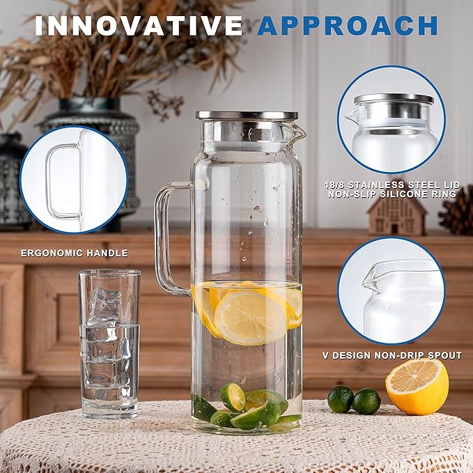 Set of 2 Glass Pitcher with Lid,2 Quart (64 oz / 1.9 Liter) Leak Proof,Glass Water Jugs, BPA-Free,Microwave & Dishwasher Safe Pitcher,Sun & Iced Tea, Sangria,Cold Brew Coffee & More