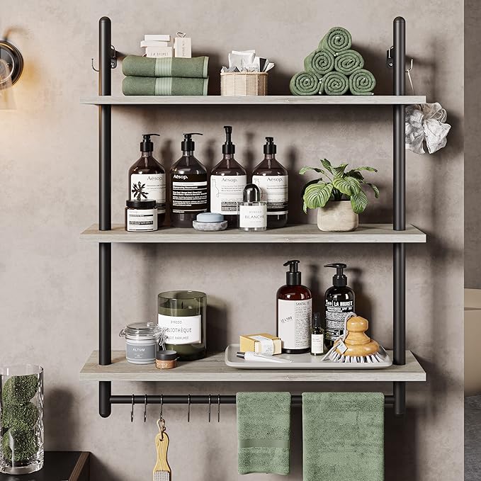 Bestier 3 Tier Industrial Pipe Shelving, Floating Book Shelves for Wall, Storage Hanging Shelves with Towel Bar for Bathroom Organizer Bedroom Kitchen Plants Office. 31.5 Inch Retro Grey