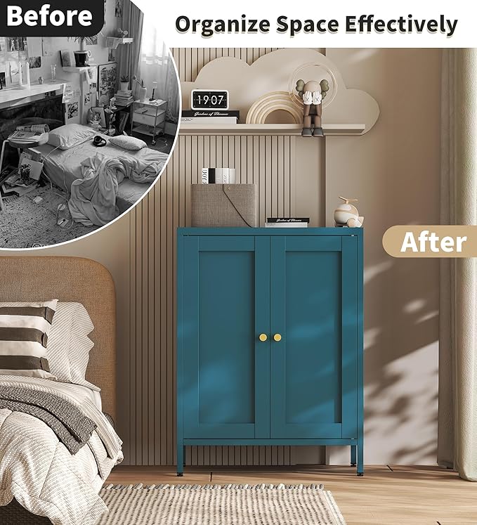 Blue Metal Storage Cabinet with 2 Doors - 31.5''H Bathroom Floor Storage Cabinet, 3 Tier Locker with Adjustable Shelves, Bathroom Cabinet for Office, Home, Living Room, Kitchen