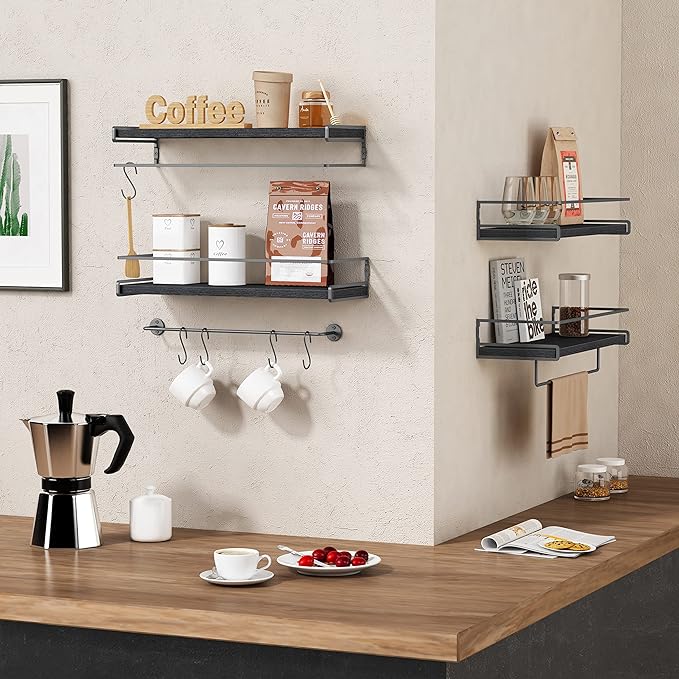 Forbena Black Floating Shelves for Bathroom Wall Set of 2, Kitchen Spice Rack Wall Mount, Modern Wood Hanging Wall Shelves for Bedroom Organizer, Restroom Pantry Closet Storage (Grey-Black)