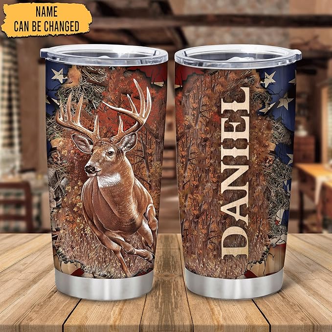 Hyturtle Personalized Hunting Gifts For Men - Deer Hunting Camo Tumbler 20Oz Travel Coffee Stainless Steel - Fathers Day Hunting Gift For Dad, Him, Boy, Husband, Hunters From Son, Wife On Birthday