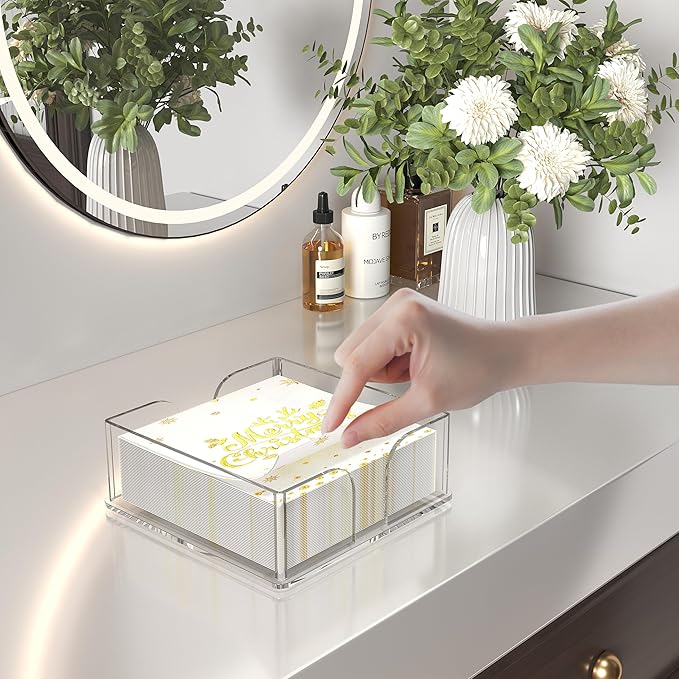 Napkin Holder, 2 PCS Clear Acrylic Guest Towel Holder for Table, Luncheon Napkin Paper Towel Tray, Buffet Napkin Dispenser Cocktail Napkin Caddy for Home Bathroom Kitchen Bar (Square 6.5"+7.5" Set)