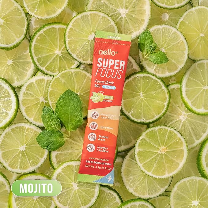 Nello Superfocus Mojito with Caffeine– Nootropic Focus Drink Mix, 20 On-The-Go Packets, Alpha GPC, Lion’s Mane, Rhodiola, Sugar-Free