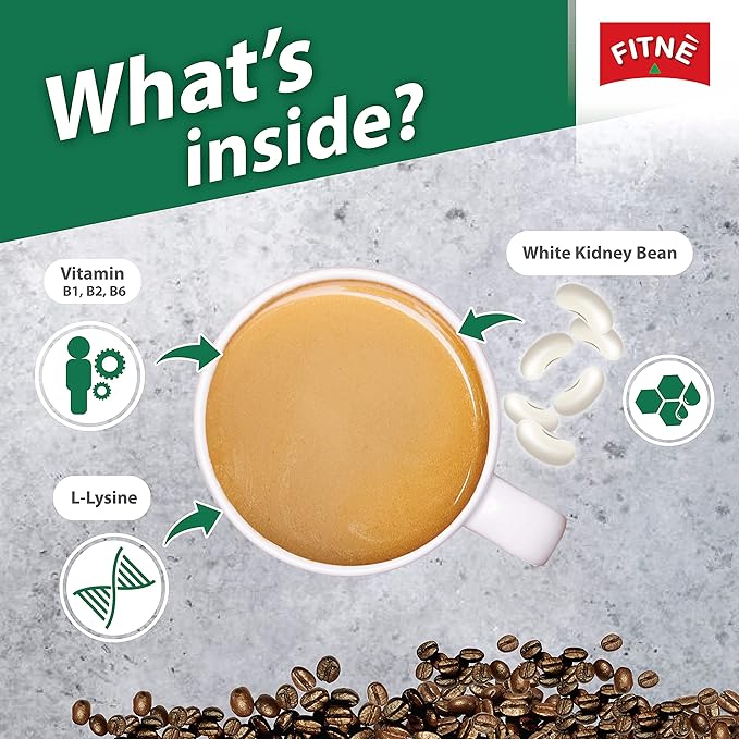 FITNE Instant 3 In 1 Coffee Packets Mix With White Kidney Bean Extract L-Lysine Vitamin B1 B2 B6 Smooth Blend No Sugar Sucralose Sweetener, 10 Sachets