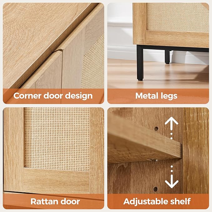 Mericonia Buffet Cabinet with Storage, Sideboards 2 Doors with Metal Base and Adjustable Shelf for Kitchen, Coffee Bar, Entryway, Hallway,Living Room (Rattan Buffet Cabinet, Natural)