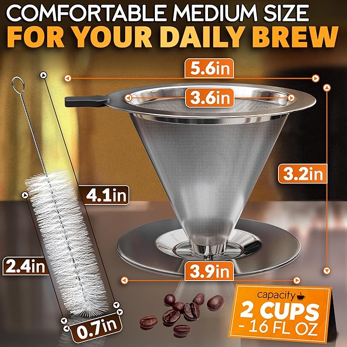 Pour Over Coffee Dripper - 3.18x4.48" Stainless Steel Pour Over Coffee Maker with Large Plastic Handle, Wide Secure Base and a Brush for Cleaning - Ensures Well-Balanced and Reach Tea Infuser