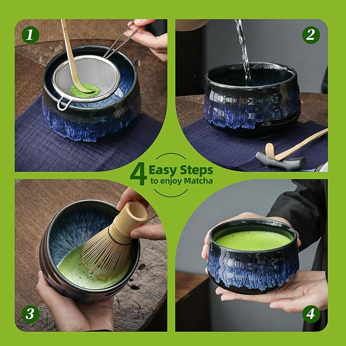 TEANAGOO 7 Pcs Matcha Whisk Set, Matcha Set for Ceremony, Matcha Kit Junware-Blue, Matcha Tea Set for Making Breakfast/Latte, Matcha Whisk Gift Set and Bowl with All Accessories