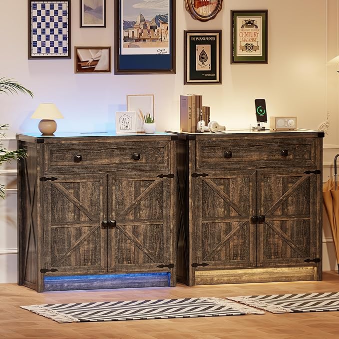 FREDEES Buffet Sideboard with Storage,Farmhouse Coffee Bar Cabinet with Drawers and Shelves,Buffet Cabinet with LED Lights for Kitchen,Living Room,Dinning,Brown