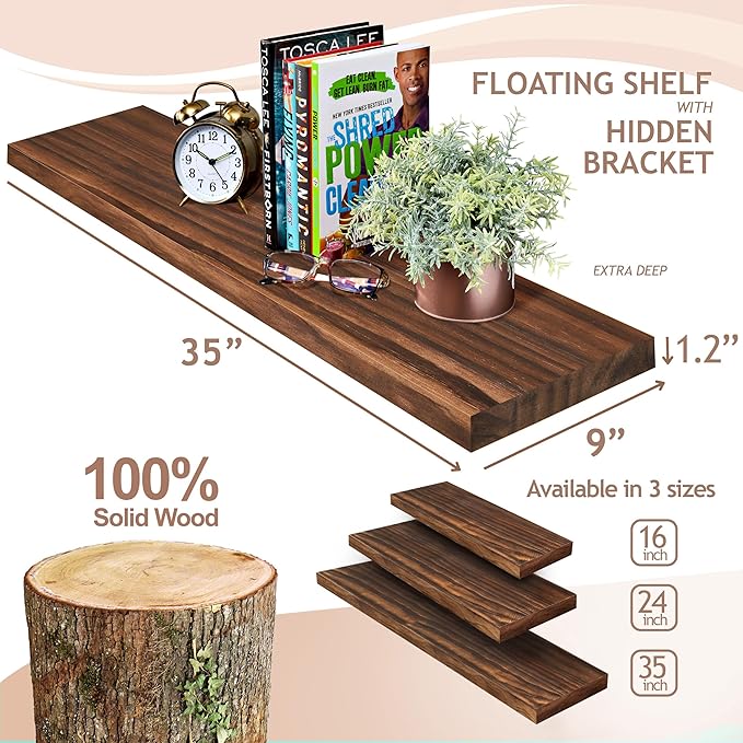 Sorbus Wood Floating Shelves for Wall - 35” Solid Wood Wall Shelves for Bathroom Decor, Books, Bedroom & Living Room - Set of 2 Walnut Wall Mounted Kitchen Shelves - Durable Solid Pine