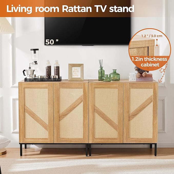 Mericonia Buffet Cabinet with Storage, Sideboards 2 Doors with Metal Base and Adjustable Shelf for Kitchen, Coffee Bar, Entryway, Hallway,Living Room (Rattan Buffet Cabinet, Natural)