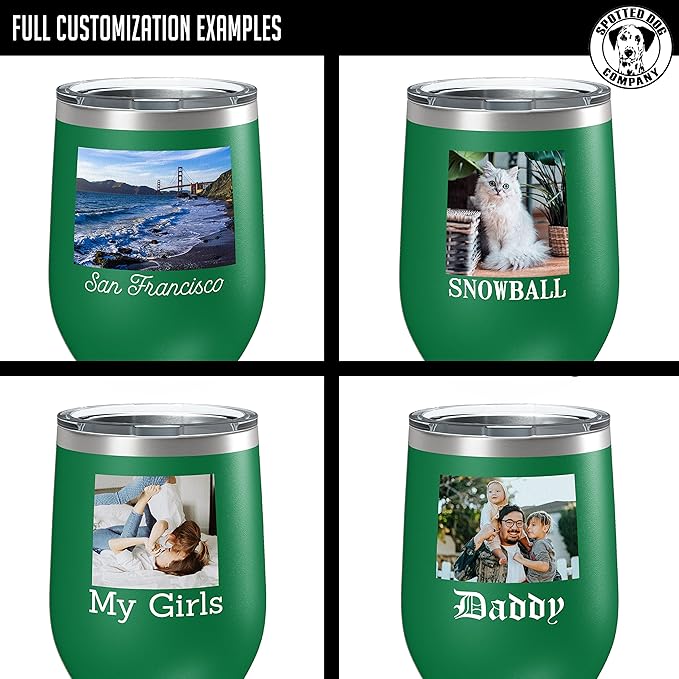Personalized 12oz (17 Colors) Photo Printed Insulated Stainless Steel Powder Coated Stemless Wine Tumbler with Lid, Customized Gift Idea for Her, Custom Coach Gifts Team Mom Dad Mother's Day (Green)