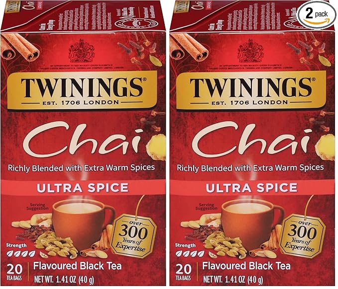 Twinings Ultra Spice Chai Tea Bags - Individually Wrapped, Black Tea with Cinnamon, Ginger, Cardamon & Clove, 20 Count (Pack of 2)